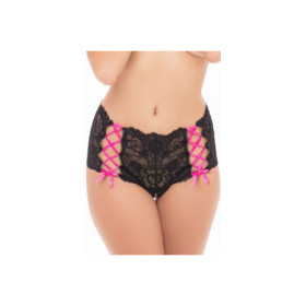 Shorty noir en dentelle et rubans entrecroisés rose sur les côtés 